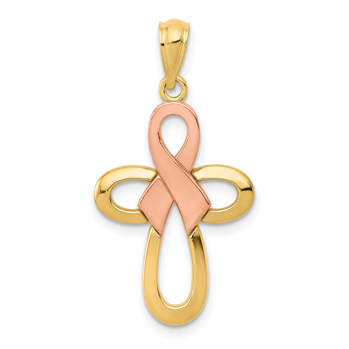 14K Two-tone Polished Pink Ribbon Cross Pendant-K5477