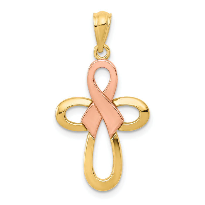 14K Two-tone Polished Pink Ribbon Cross Pendant-K5477