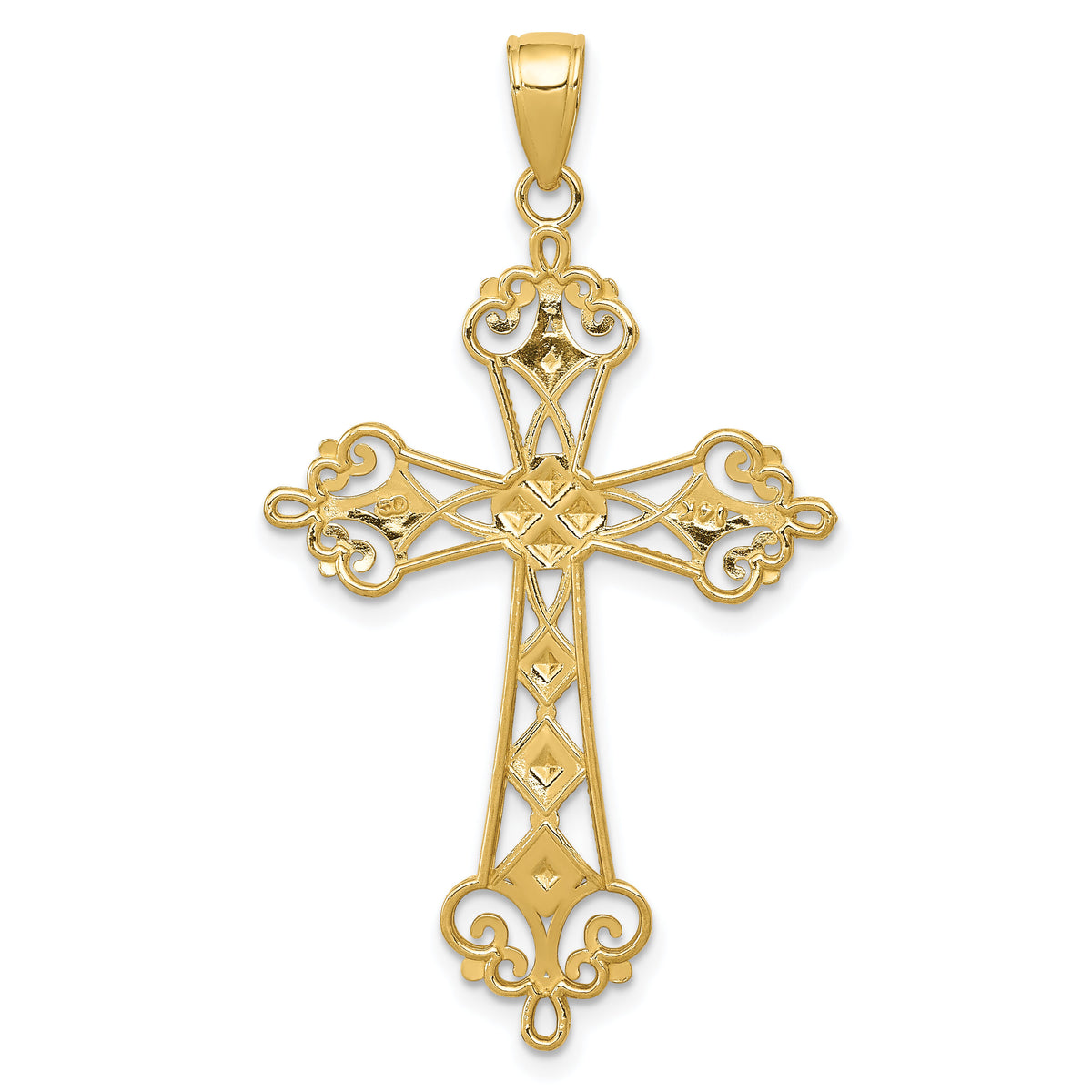 14K w/Rhodium Polished Diamond-Cut Cut-Out Cross Pendant-K5501