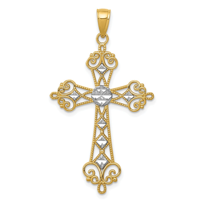 14K w/Rhodium Polished Diamond-Cut Cut-Out Cross Pendant-K5501