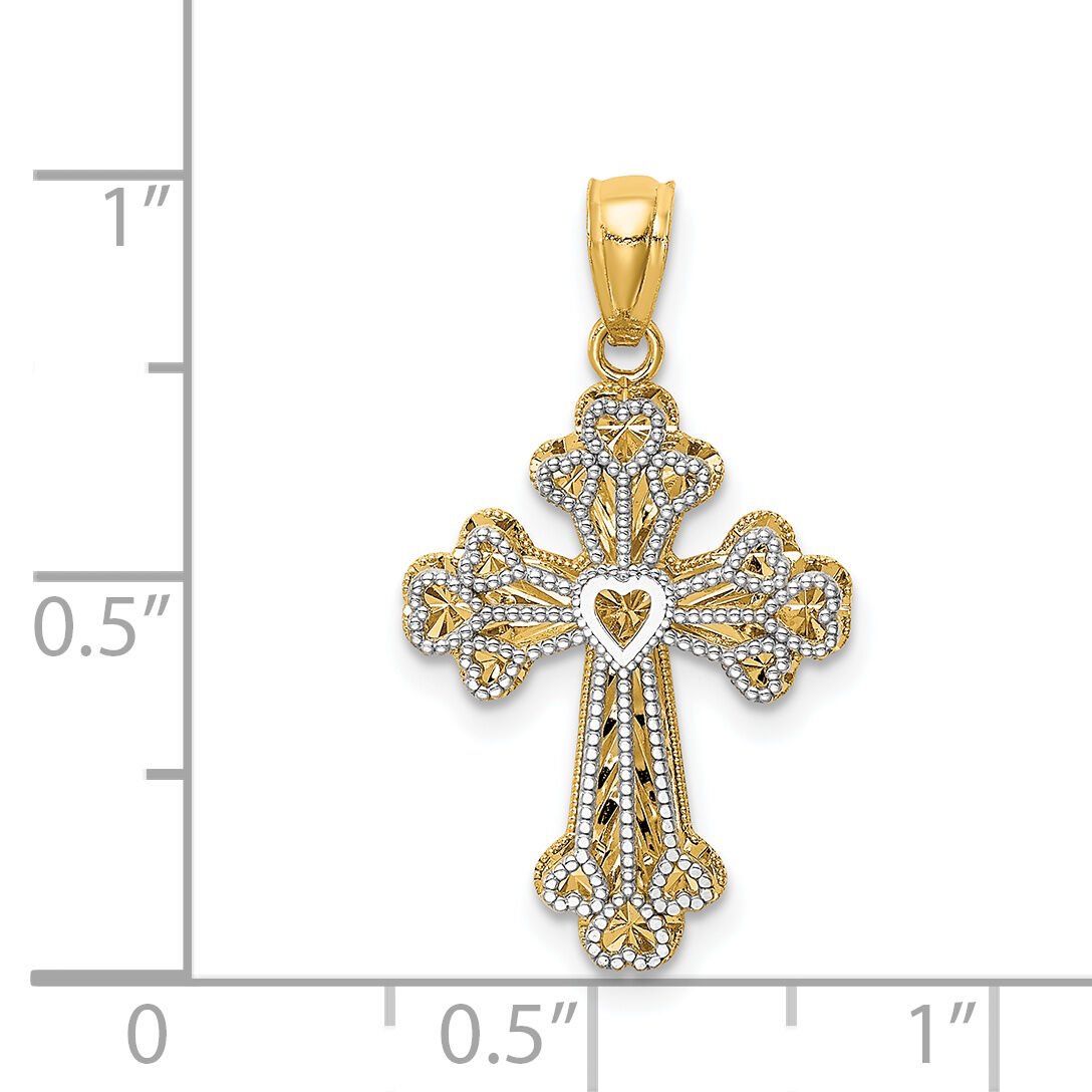 14K Two-tone Polished Filigree 2 Level Heart Cross Pendant-K5503