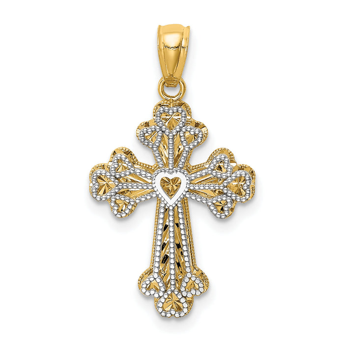 14K Two-tone Polished Filigree 2 Level Heart Cross Pendant-K5503