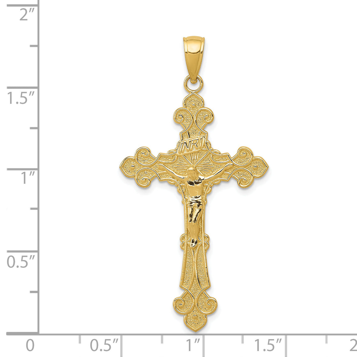 14K Polished Textured INRI Crucifix Fleur de Lis Pendant-K5571