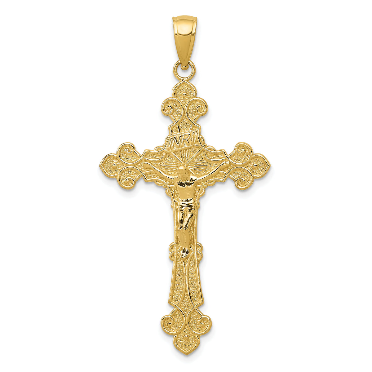 14K Polished Textured INRI Crucifix Fleur de Lis Pendant-K5571