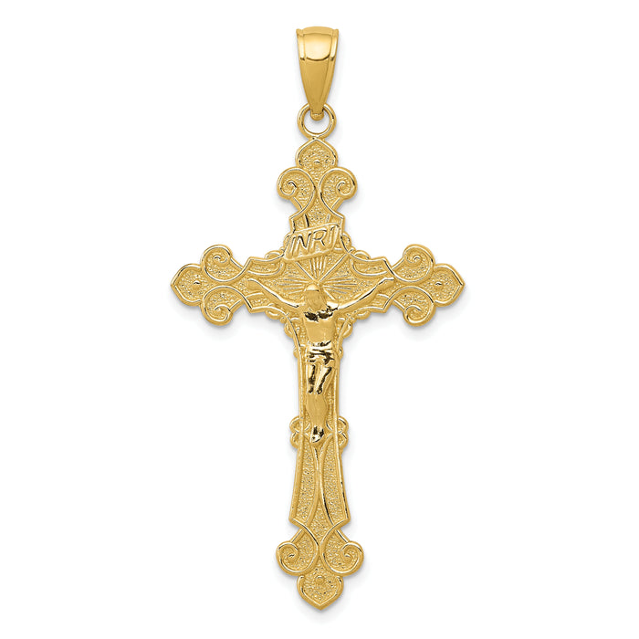 14K Polished Textured INRI Crucifix Fleur de Lis Pendant-K5571