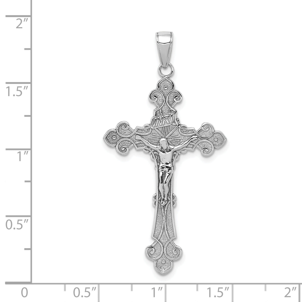 14K White Gold Polished Textured INRI Crucifix Fleur de Lis Pendant-K5571W