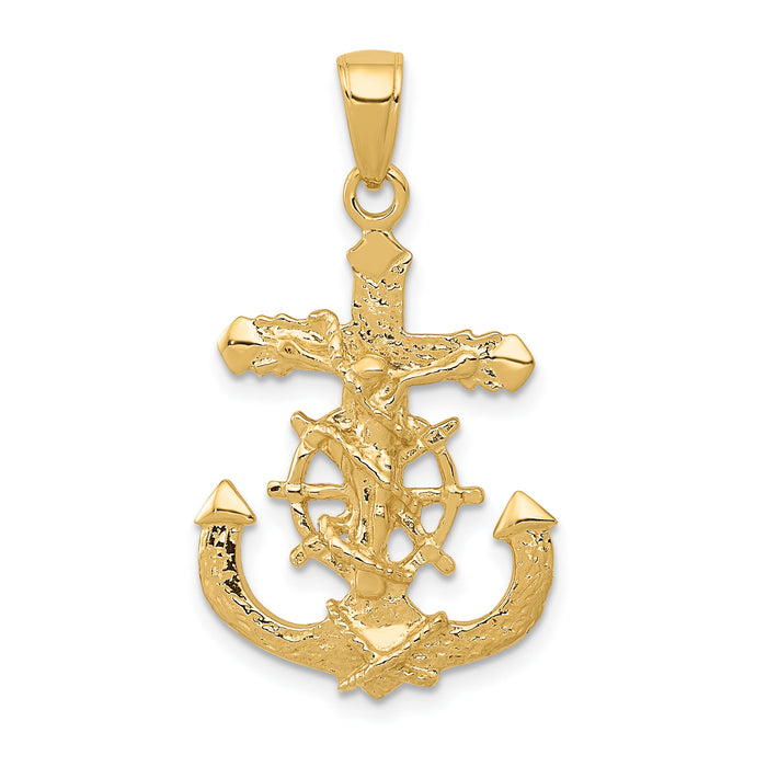 14K Polished Textured Mariners Crucifix Rope/Wheel Pendant-K5577