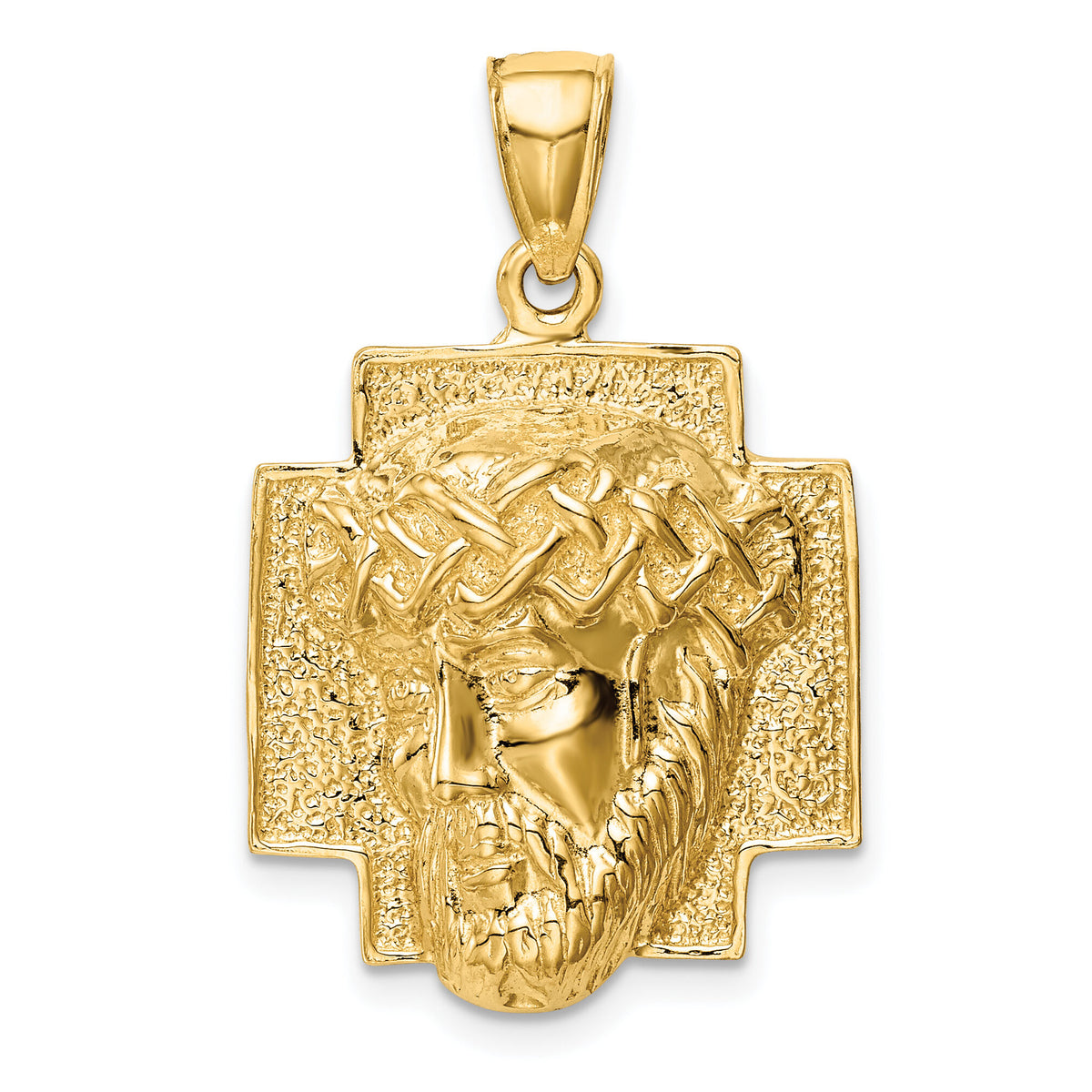 14K Gold Polished Large Jesus Head With Crown Pendant-K5584
