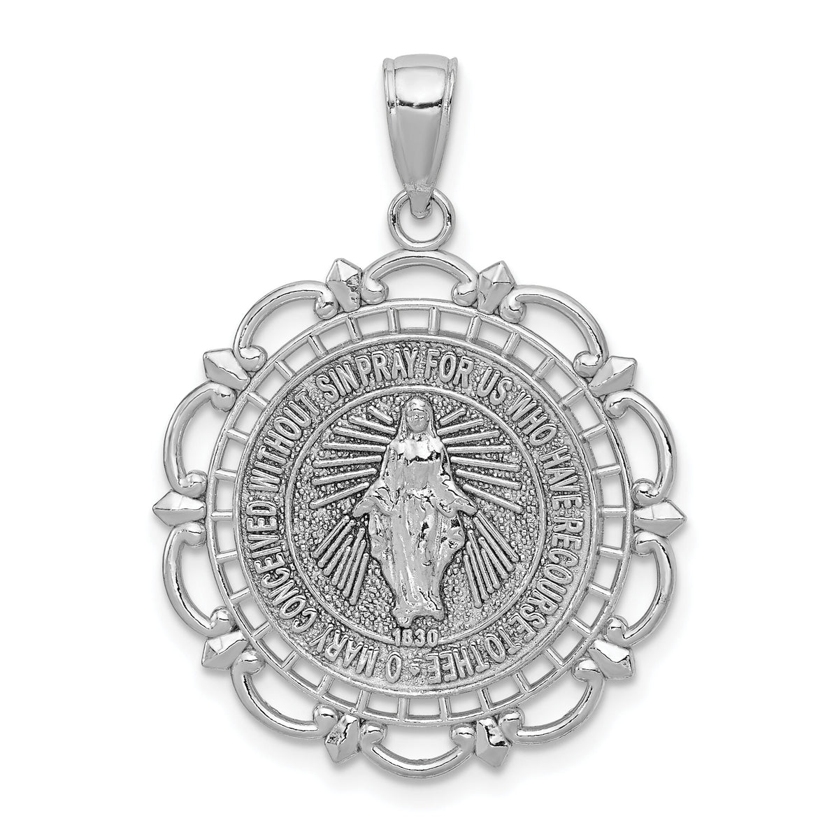 14K White Gold Miraculous Medal With Scallop Frame Pendant-K5653W