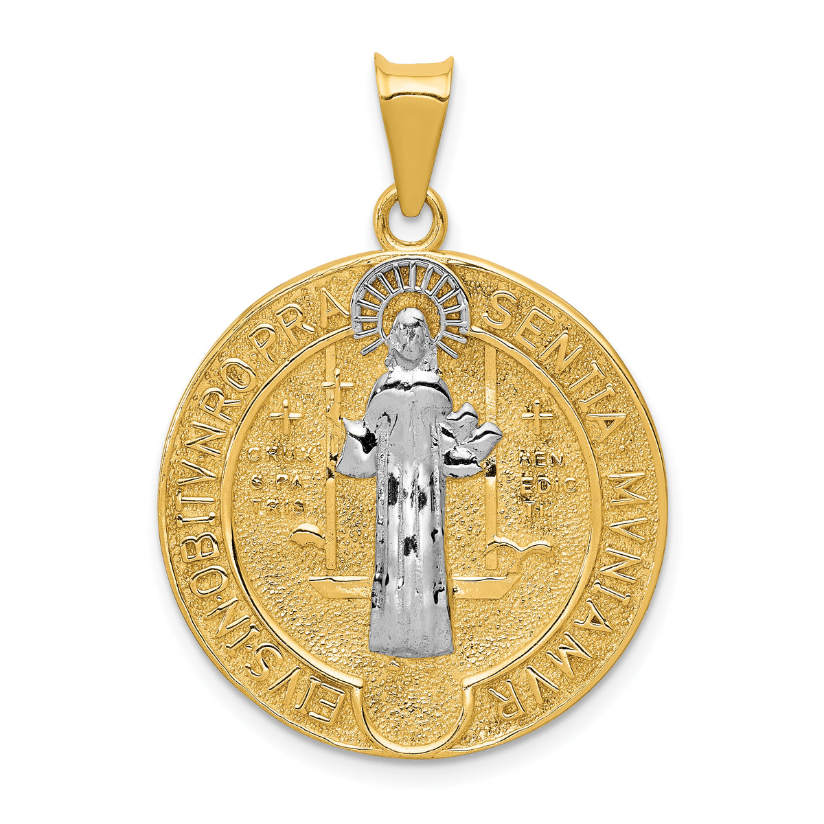 14k With Rhodium Circle St. Benedict Medal Pendant-K5658