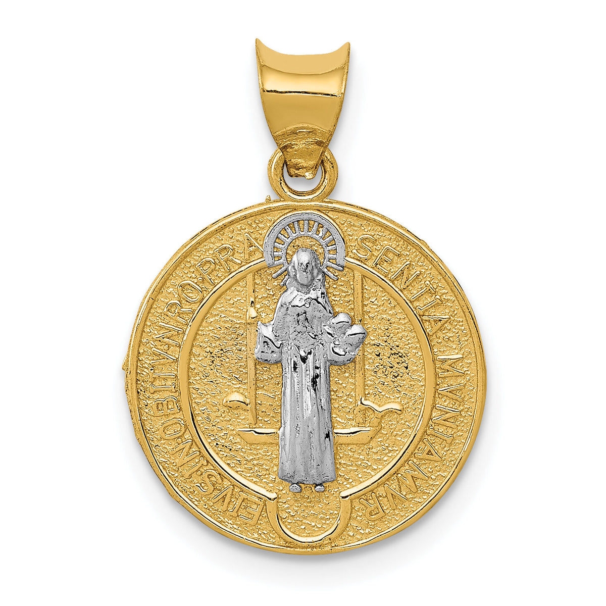 14k With Rhodium Circle St. Benedict Medal Pendant-K5659