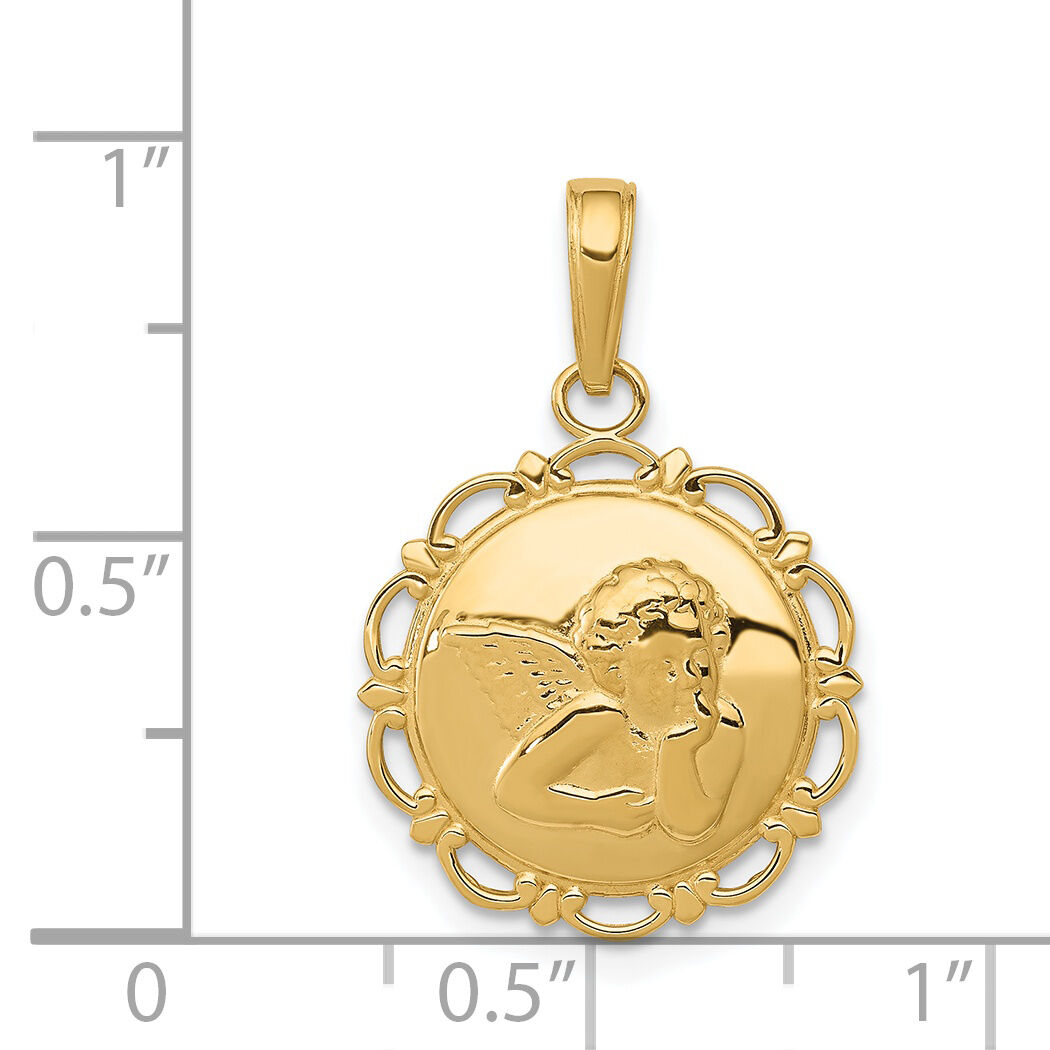 14K Polished Angel On Round Scallop Frame Pendant-K5691