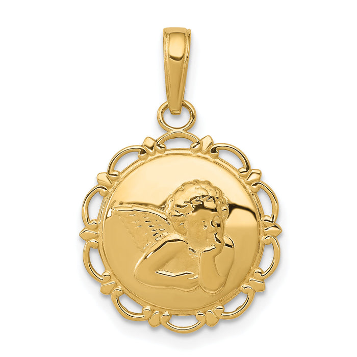 14K Polished Angel On Round Scallop Frame Pendant-K5691