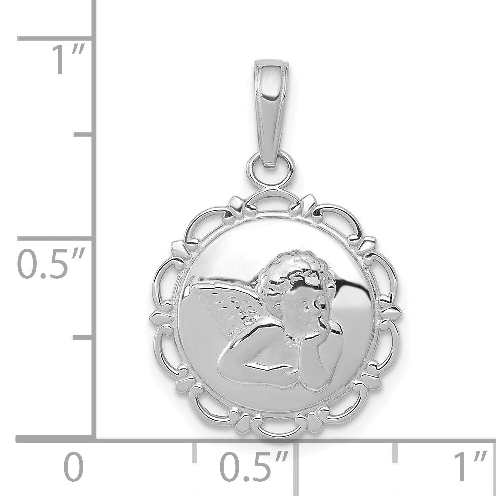 14K White Gold Polished Angel/Cherub on Round Scallop Frame Pendant-K5691W