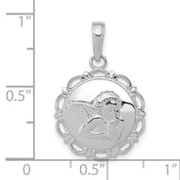 14K White Gold Polished Angel/Cherub on Round Scallop Frame Pendant-K5691W