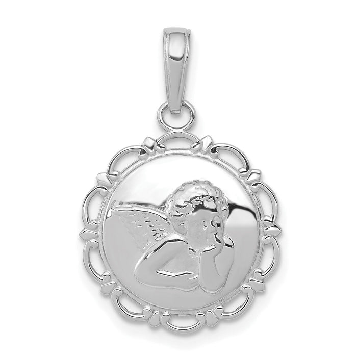 14K White Gold Polished Angel/Cherub on Round Scallop Frame Pendant-K5691W