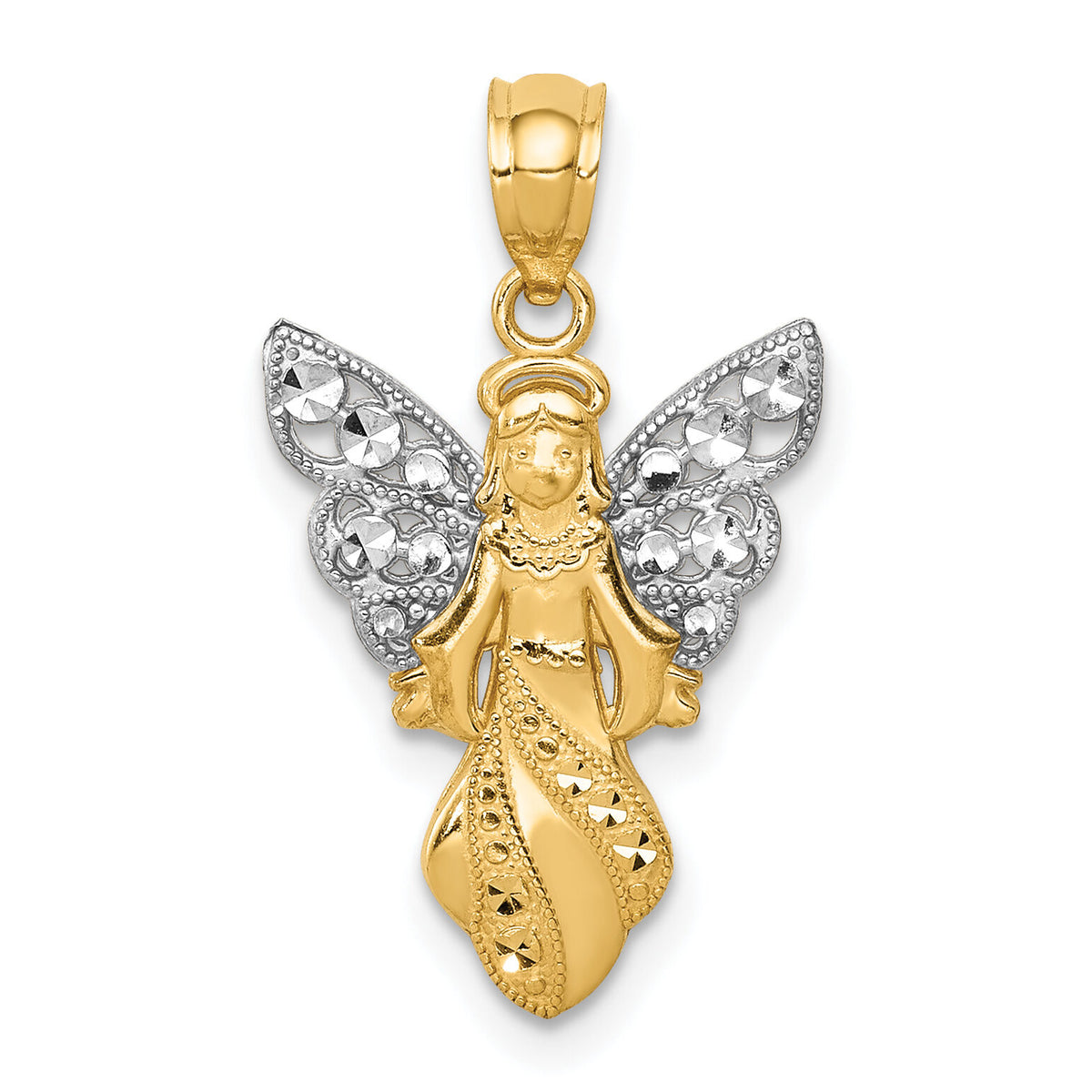 14K W/Rhodium Polished / Textured Angel Pendant-K5696