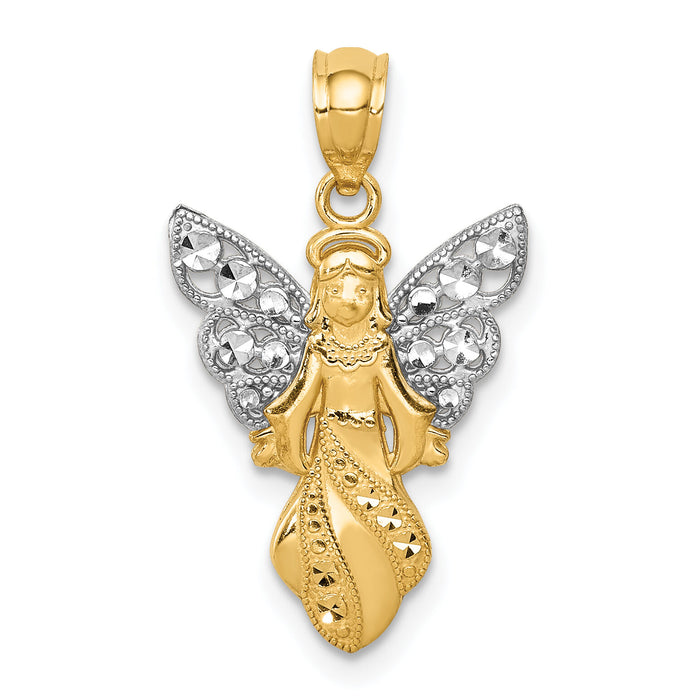 14K W/Rhodium Polished / Textured Angel Pendant-K5696