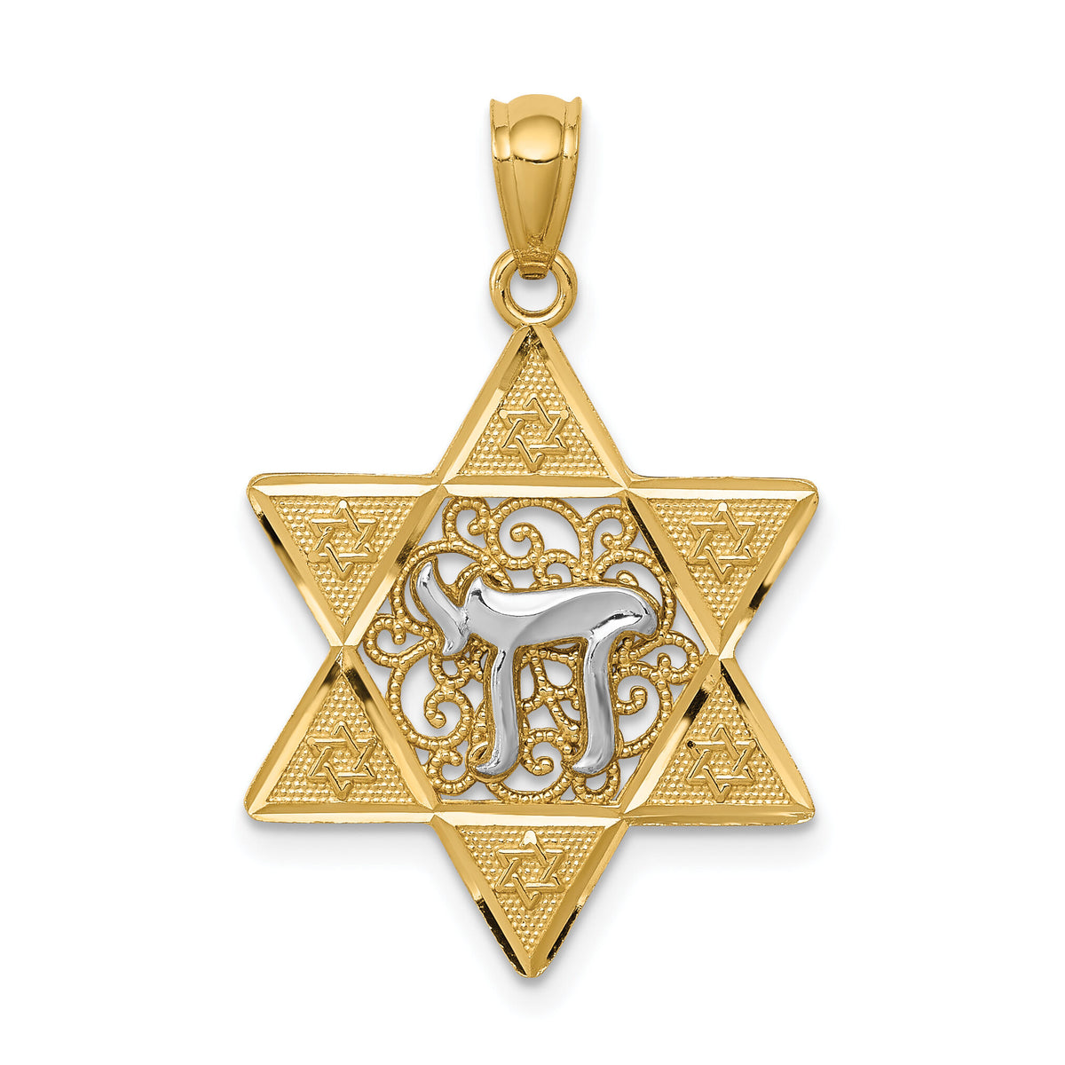 14k Two-tone Gold Polished Star of David w/Chai Pendant-K5707