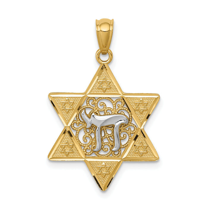 14k Two-tone Gold Polished Star of David w/Chai Pendant-K5707