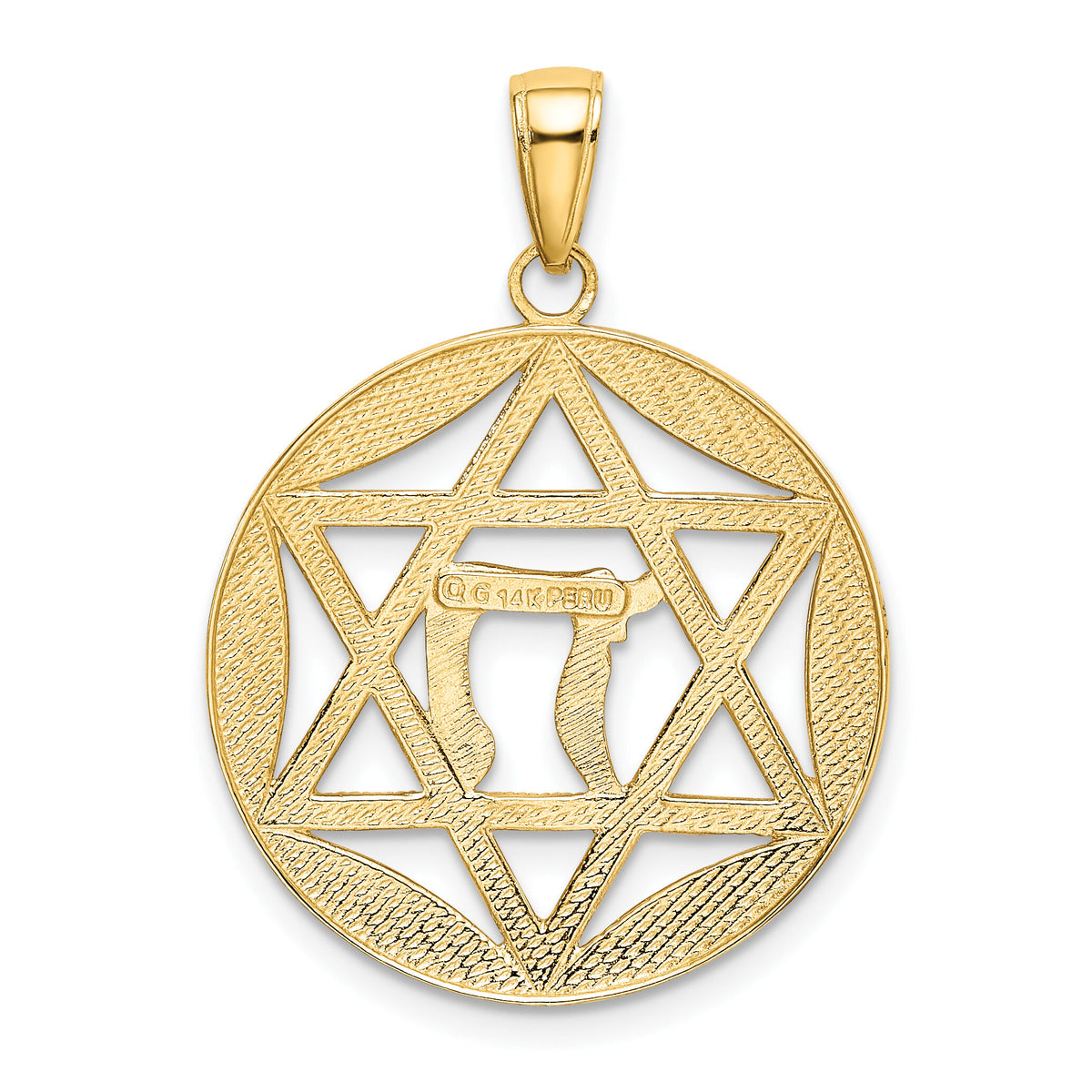 14K w/Rhodium Polished Star of David w/Chai Round Pendant-K5712