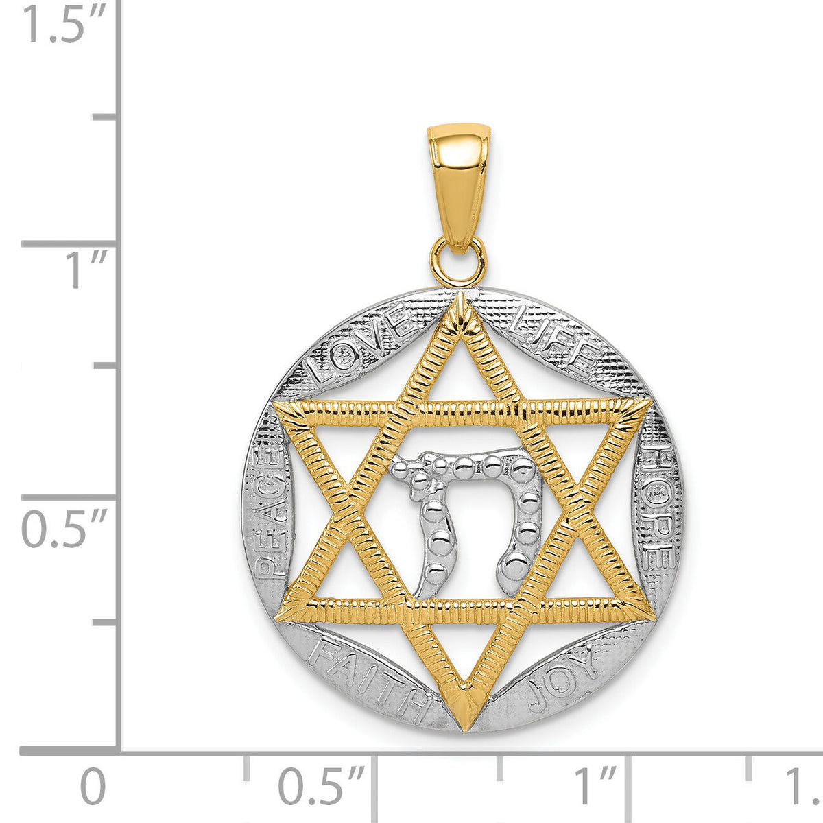 14K w/Rhodium Polished Star of David w/Chai Round Pendant-K5712