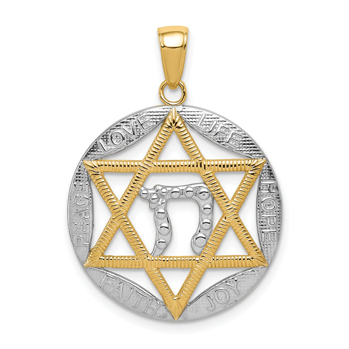 14K w/Rhodium Polished Star of David w/Chai Round Pendant-K5712