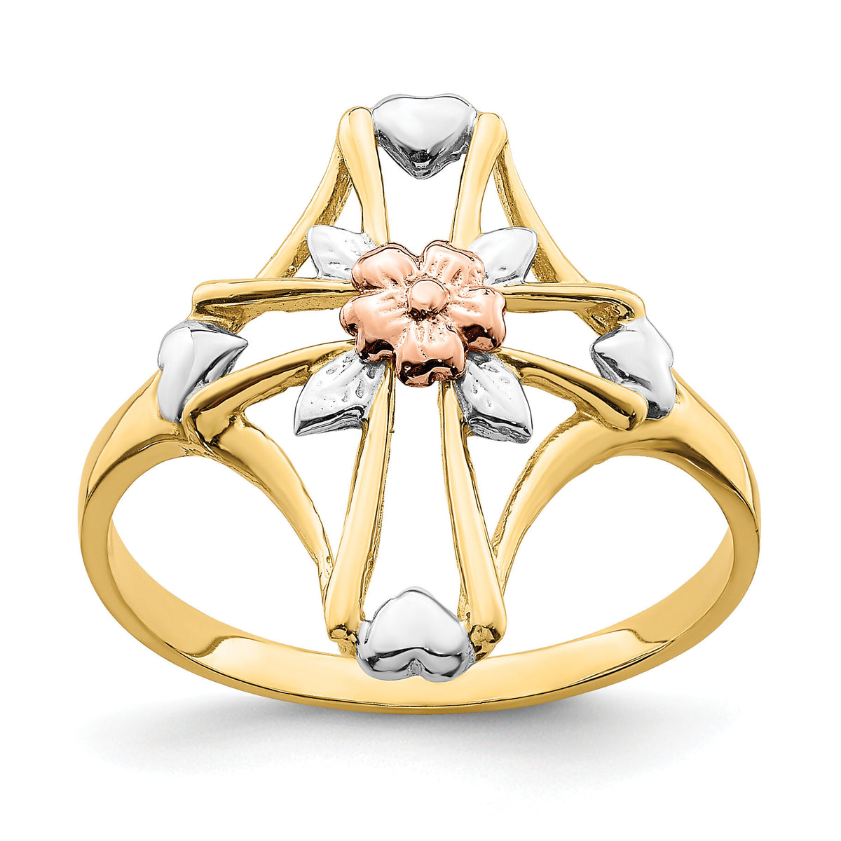 14K Two-tone W/White Rhodium Polished Cross w/Flower Ring-K5722