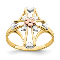 14K Two-tone W/White Rhodium Polished Cross w/Flower Ring-K5722