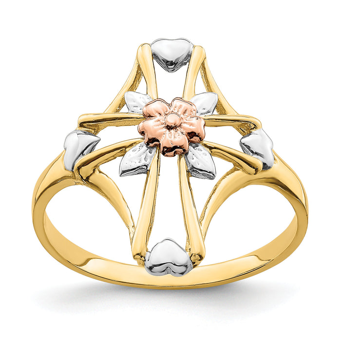14K Two-tone W/White Rhodium Polished Cross w/Flower Ring-K5722