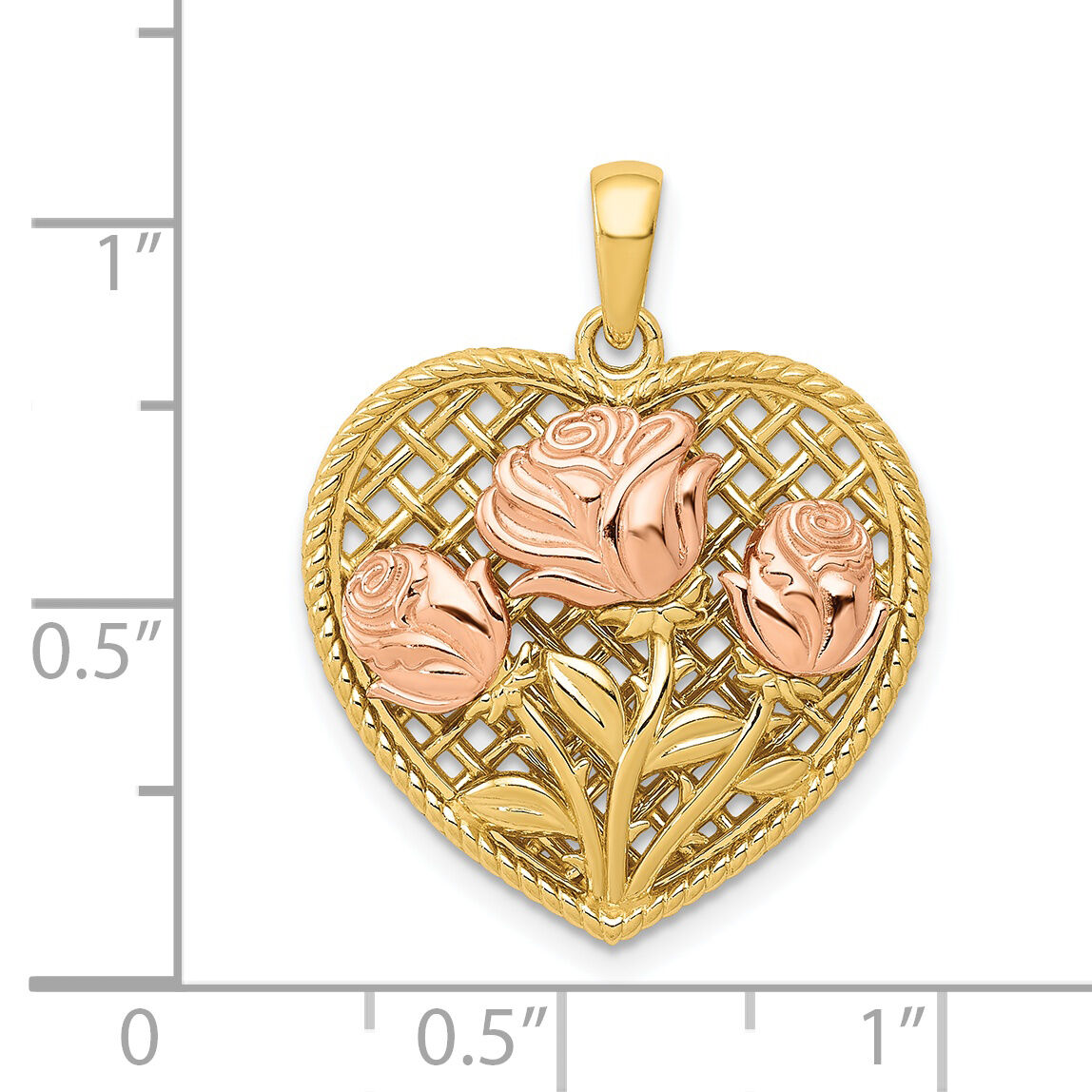 14K Two-tone Polished Flowers in Heart Pendant-K5849
