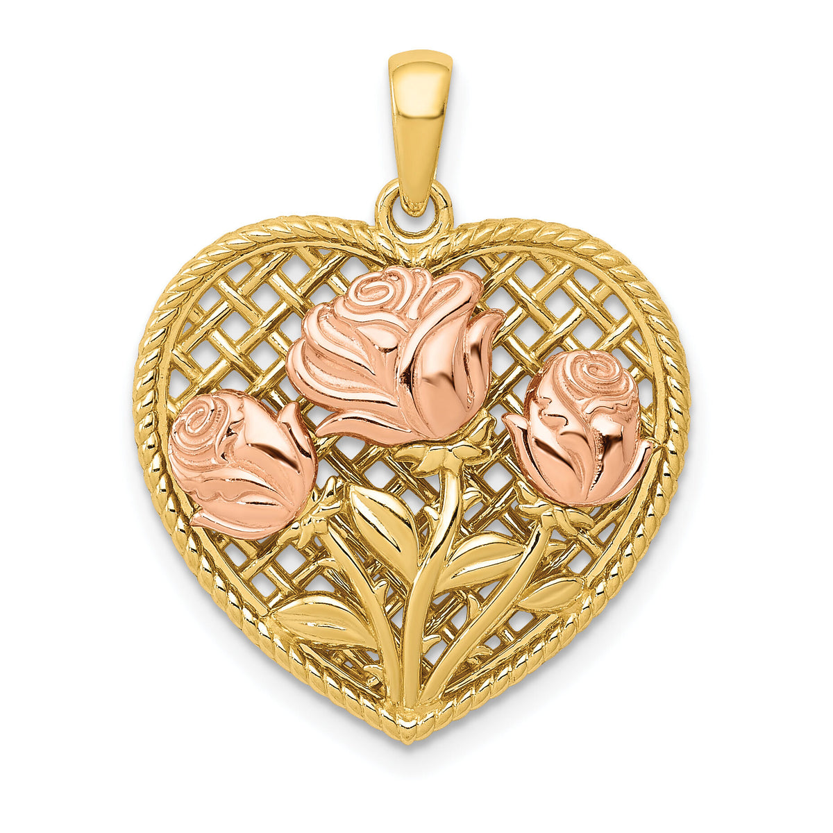 14K Two-tone Polished Flowers in Heart Pendant-K5849