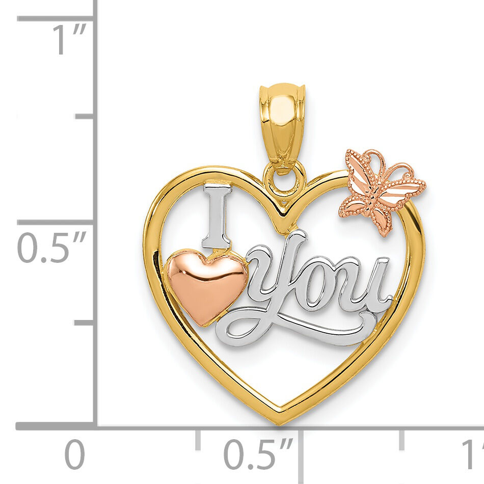 14k Two-tone w/White Rhod I LOVE YOU Heart w/Butterfly Pendant-K5851