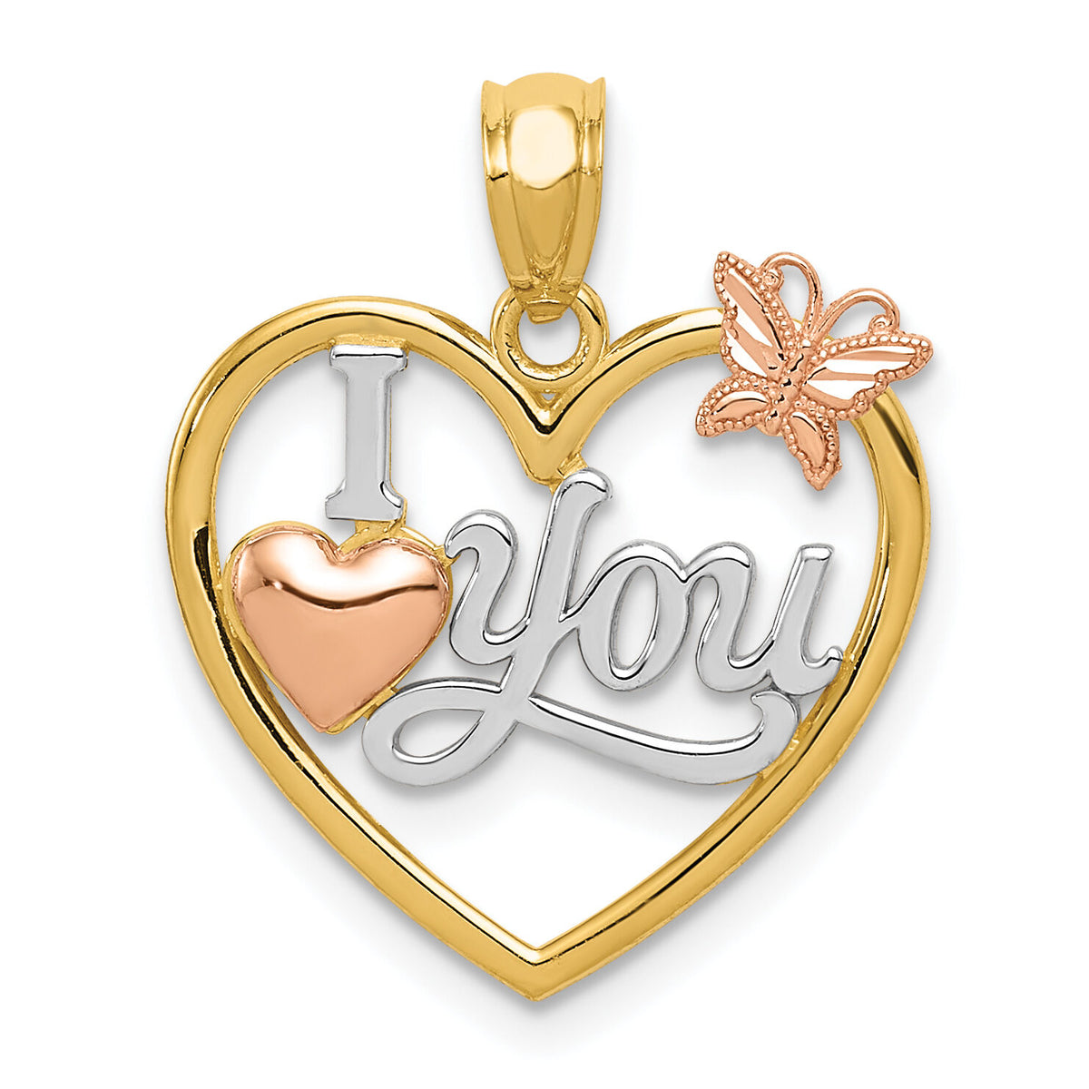 14k Two-tone w/White Rhod I LOVE YOU Heart w/Butterfly Pendant-K5851