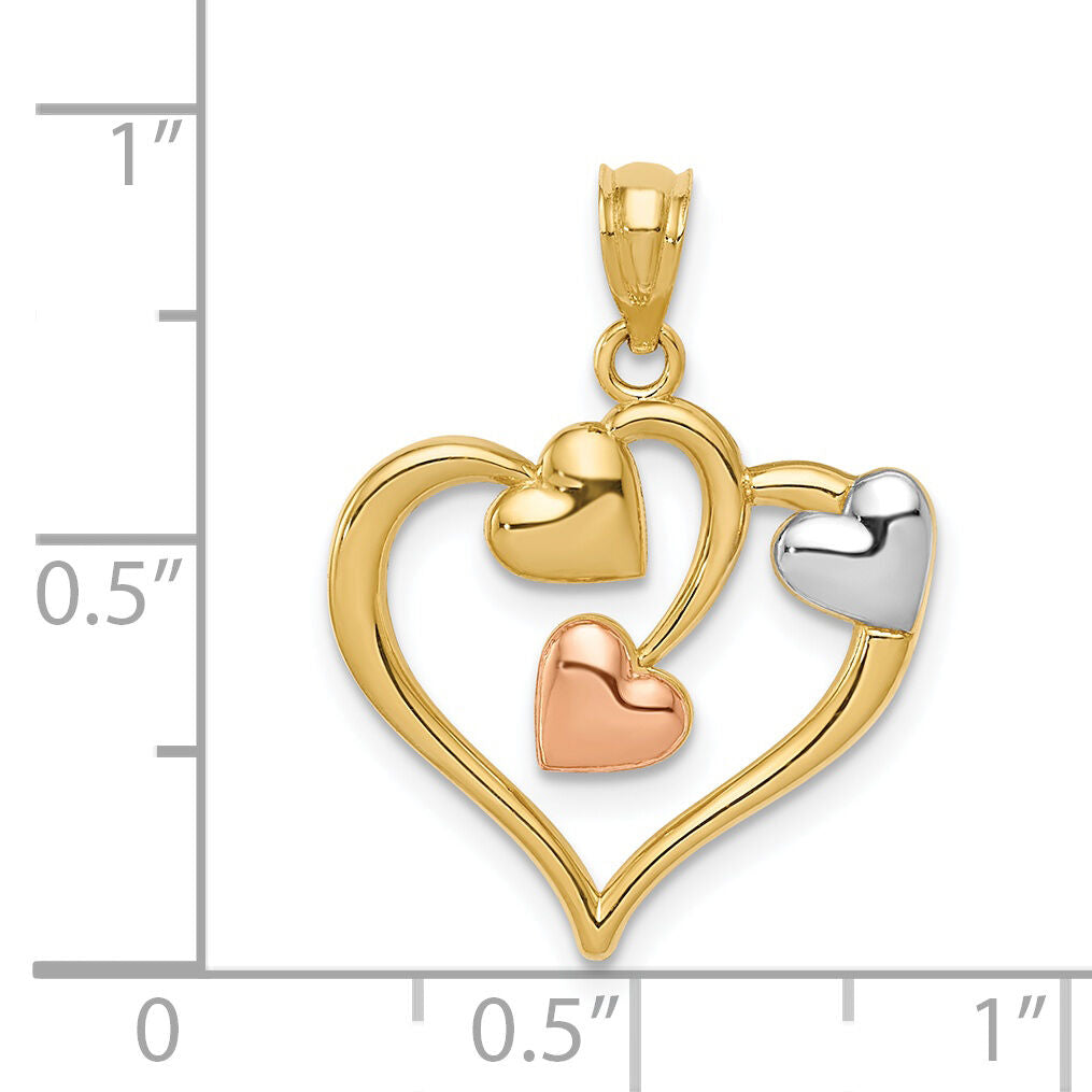 14K Two-tone and White Rhodium Polished Hearts Pendant-K5865