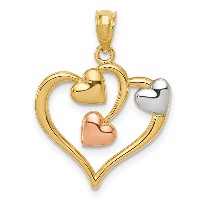 14K Two-tone and White Rhodium Polished Hearts Pendant-K5865