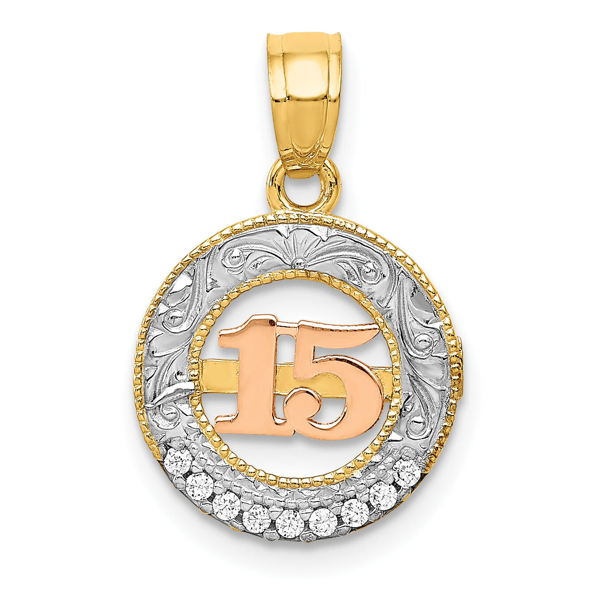 14k Two-tone w/White Rhodium CZ 15 Pendant-K5884