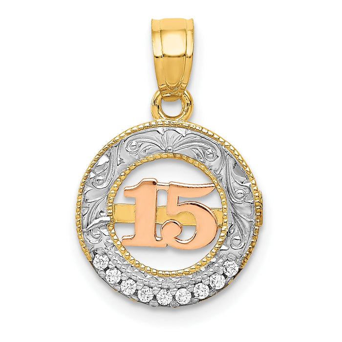14k Two-tone w/White Rhodium CZ 15 Pendant-K5884