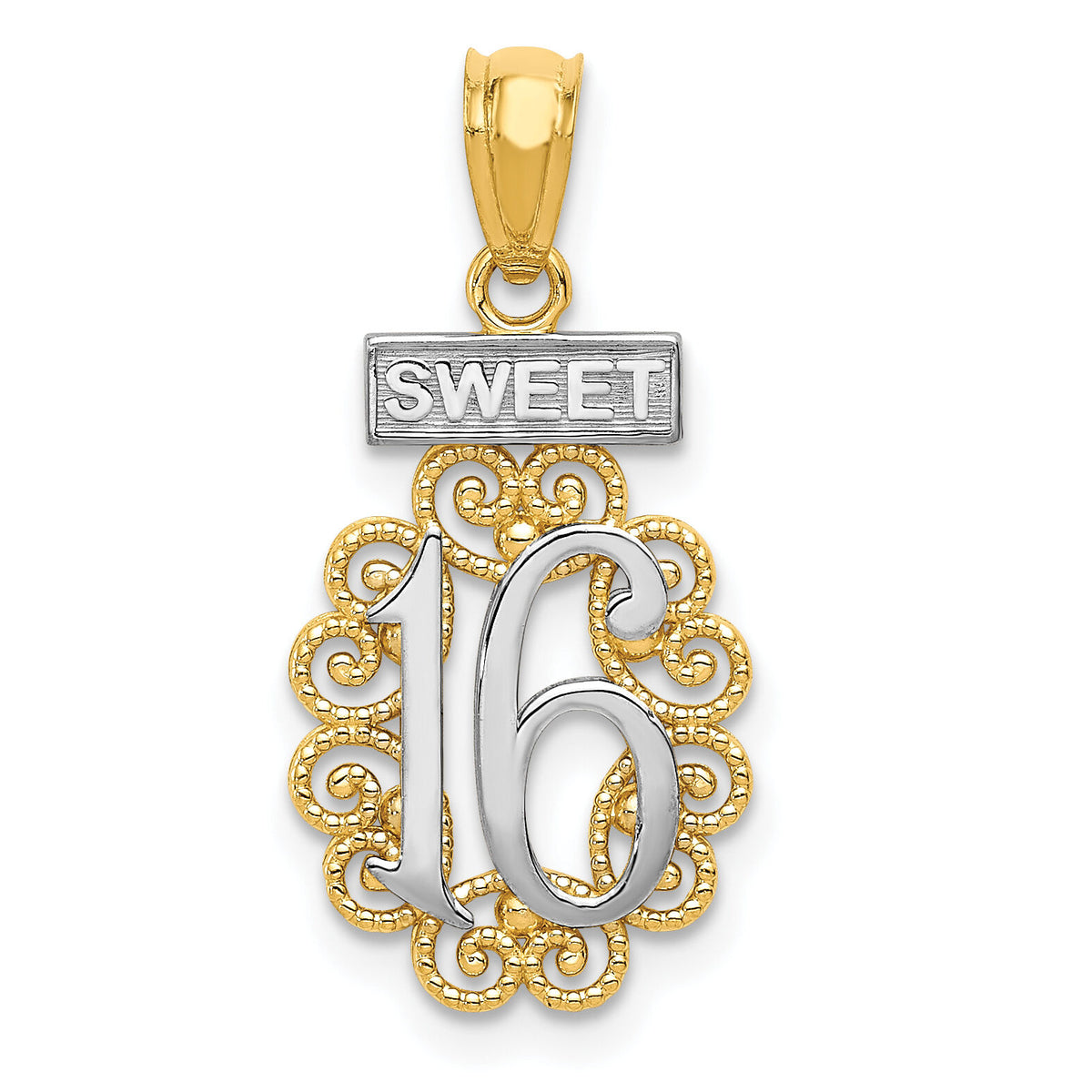 14k w/Rhodium SWEET 16 w/Filigree Pendant-K5888