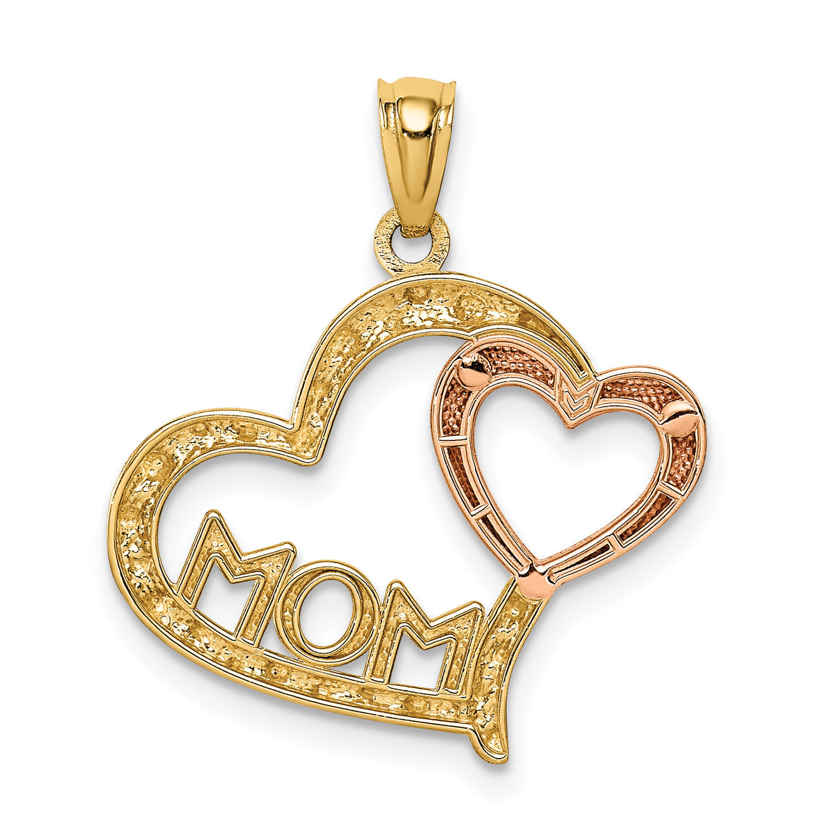14k Two-tone w/White Rhodium Diamond-cut MOM in Heart w/Heart Pendant-K5892