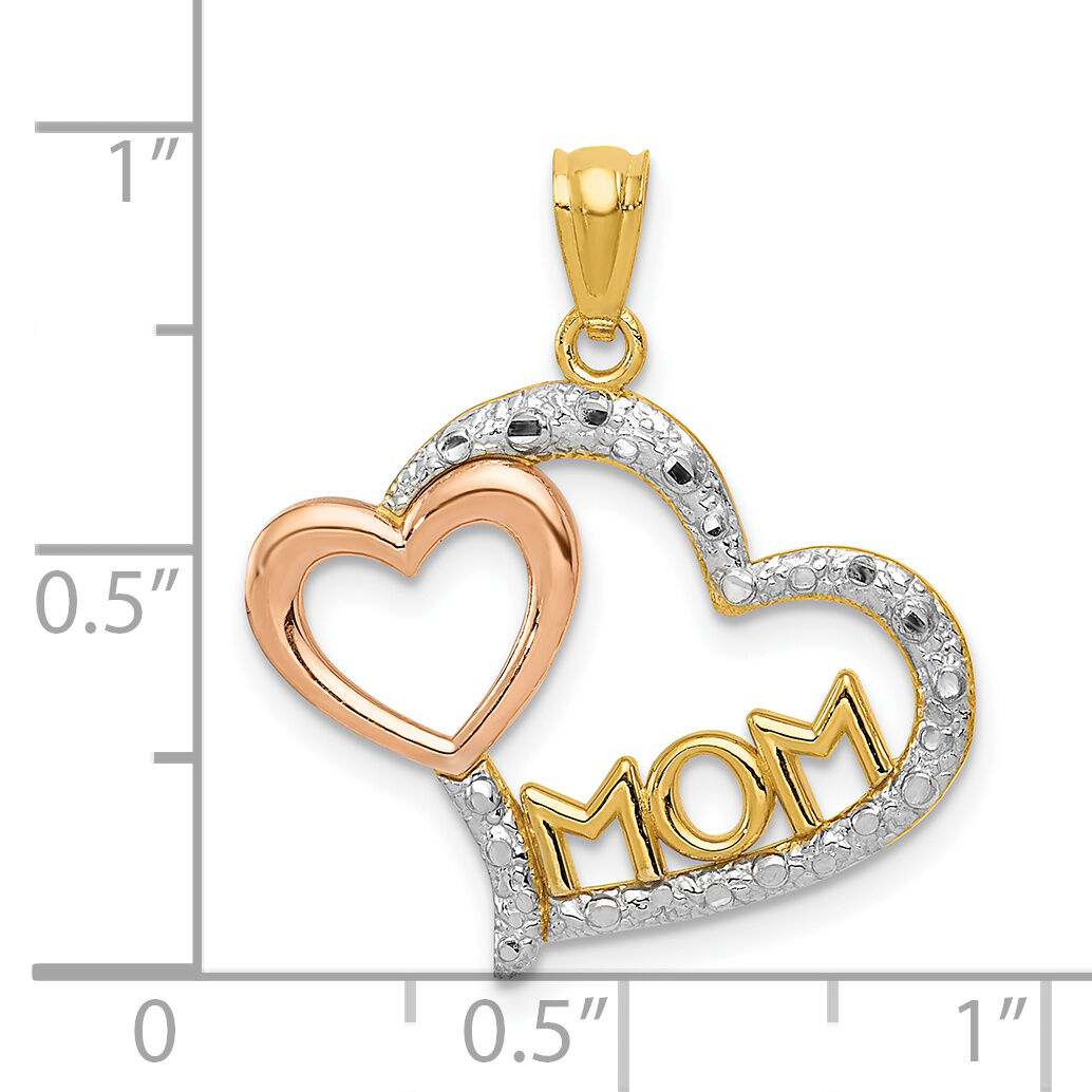 14k Two-tone w/White Rhodium Diamond-cut MOM in Heart w/Heart Pendant-K5892