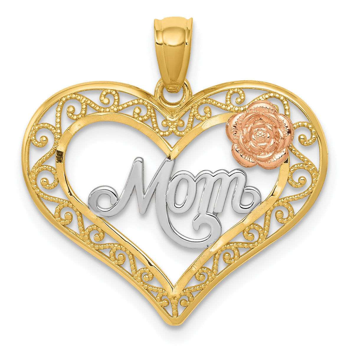 14k Two-tone w/White Rhodium D/C MOM in Heart w/Rose Pendant-K5896