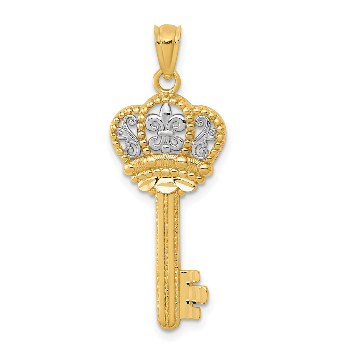 14K w/White Rhodium Polished Fleur De Lis Crown Key Charm-K5939