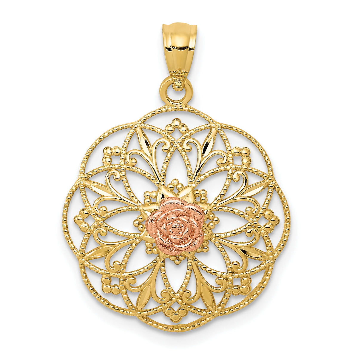 14k Yellow and Rose Polished Rose in Round Filigree Charm-K5949