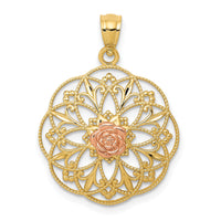 14k Yellow and Rose Polished Rose in Round Filigree Charm-K5949