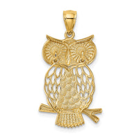14k w/ Rhodium Diamond-cut Polished Moveable Owl Pendant-K5979