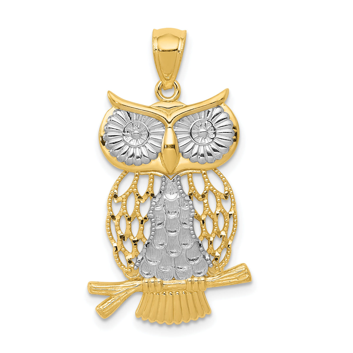 14k w/ Rhodium Diamond-cut Polished Moveable Owl Pendant-K5979