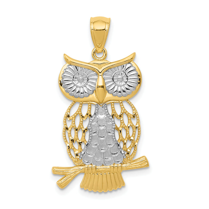 14k w/ Rhodium Diamond-cut Polished Moveable Owl Pendant-K5979