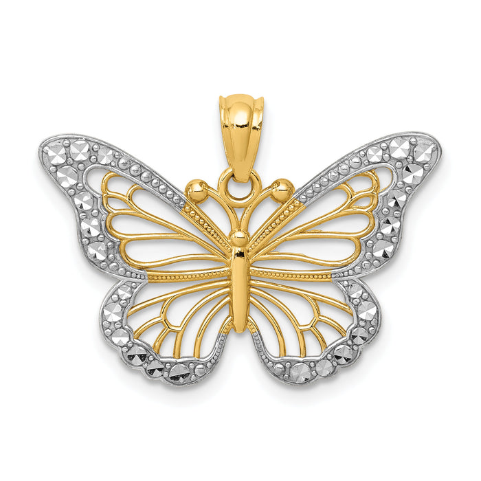 14k w/ Rhodium Diamond-cut Polished Open Butterfly Pendant-K5985