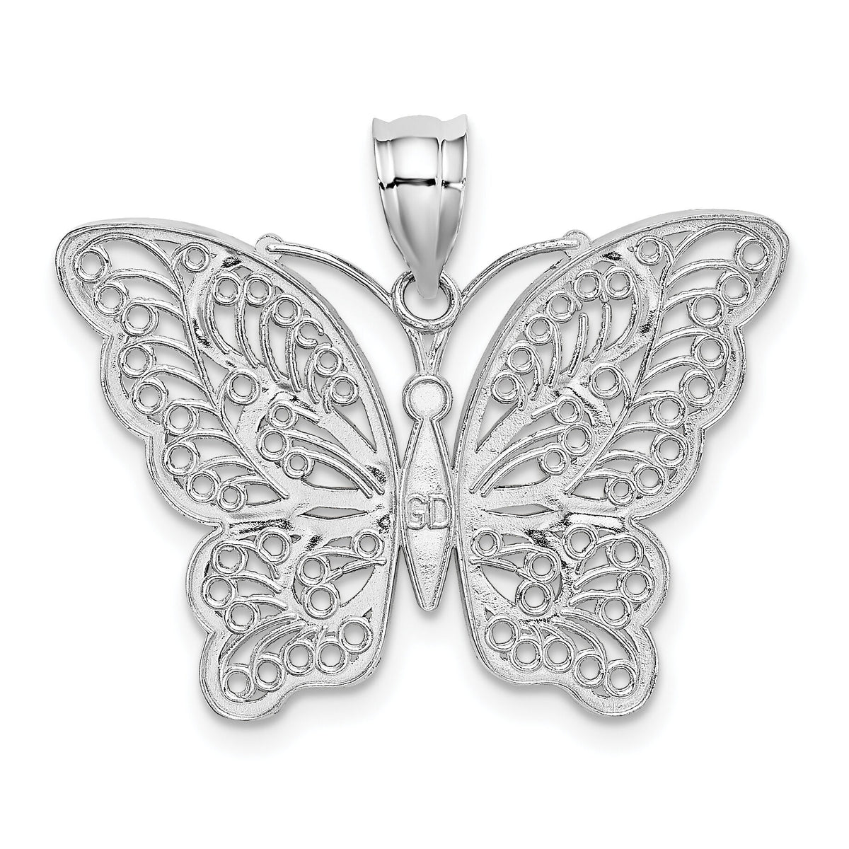 14k White Gold W/Yellow Rhodium Polished Filigree Butterfly Pendant-K5987